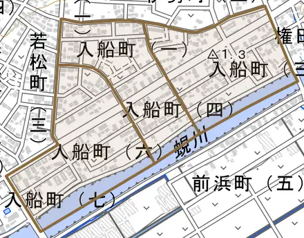 入船町とその周辺の地図。町の範囲を重ねている