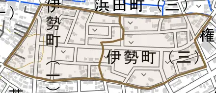 伊勢町とその周辺の地図。町の範囲を重ねている