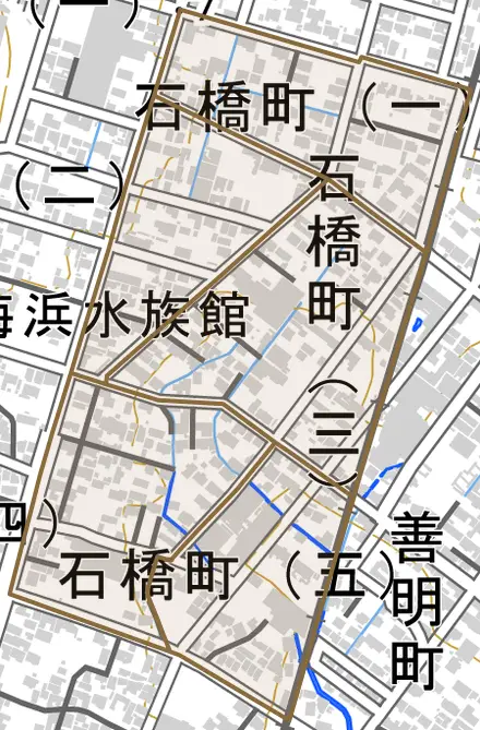 石橋町とその周辺の地図。町の範囲を重ねている