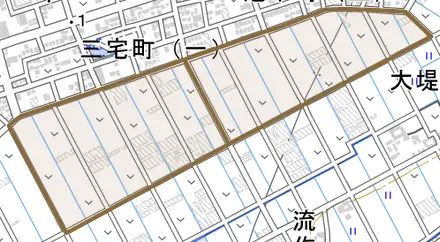 亀穴町とその周辺の地図。町の範囲を重ねている