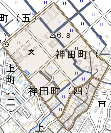 神田町とその周辺の地図。町の範囲を重ねている