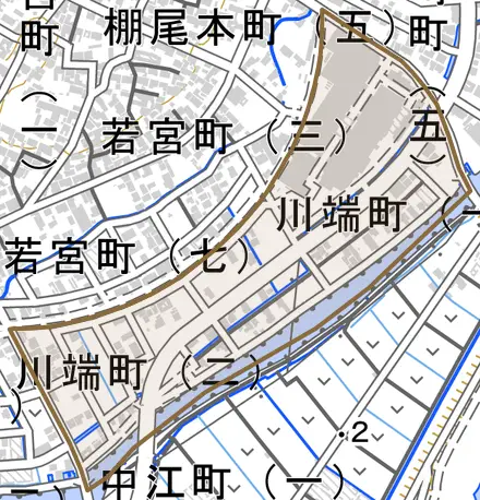 川端町とその周辺の地図。町の範囲を重ねている
