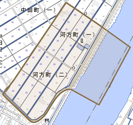 河方町とその周辺の地図。町の範囲を重ねている