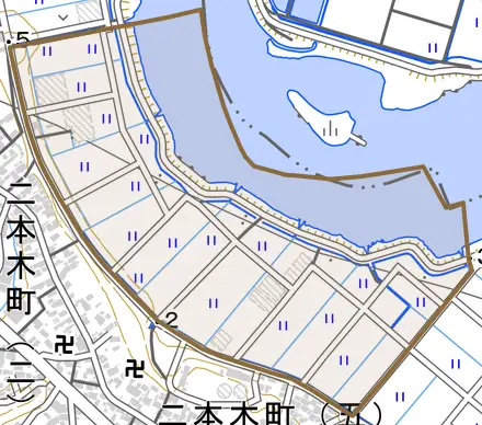 北浦町とその周辺の地図。町の範囲を重ねている