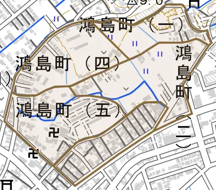 鴻島町とその周辺の地図。町の範囲を重ねている