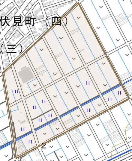 小屋下町とその周辺の地図。町の範囲を重ねている