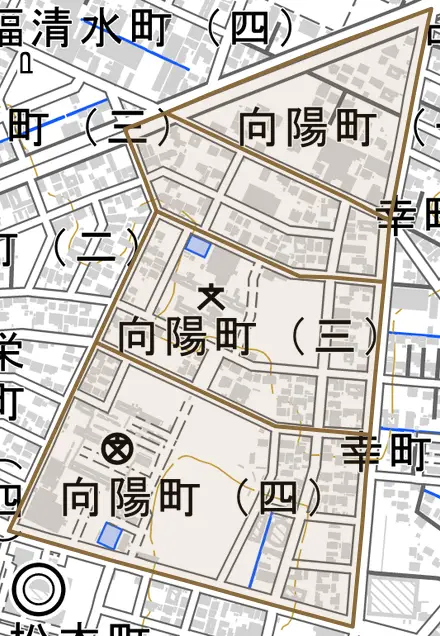 向陽町とその周辺の地図。町の範囲を重ねている