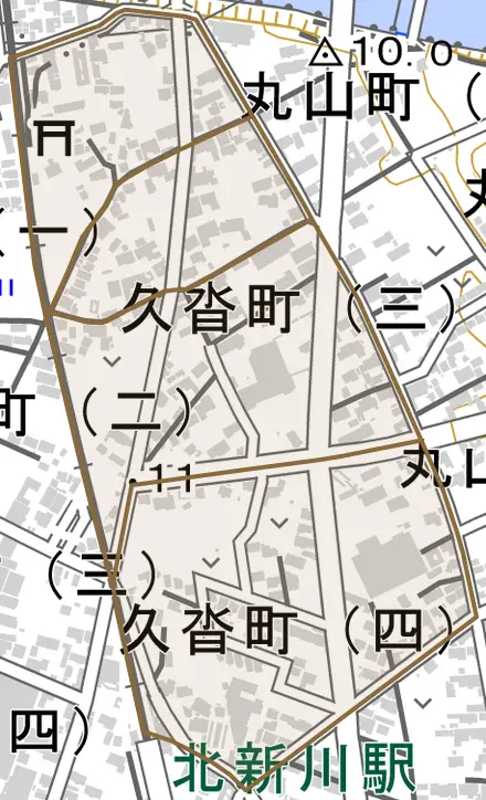 久沓町とその周辺の地図。町の範囲を重ねている