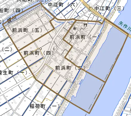 前浜町とその周辺の地図。町の範囲を重ねている