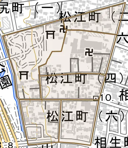 松江町とその周辺の地図。町の範囲を重ねている
