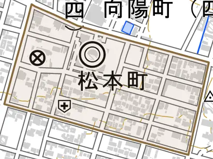 松本町とその周辺の地図。町の範囲を重ねている