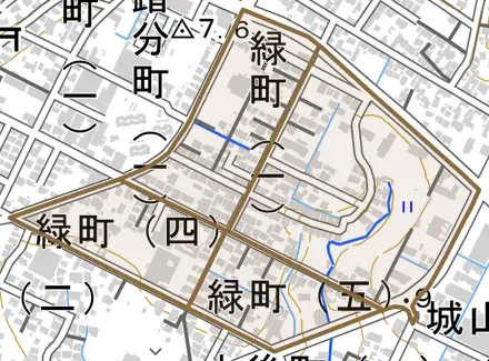 緑町とその周辺の地図。町の範囲を重ねている