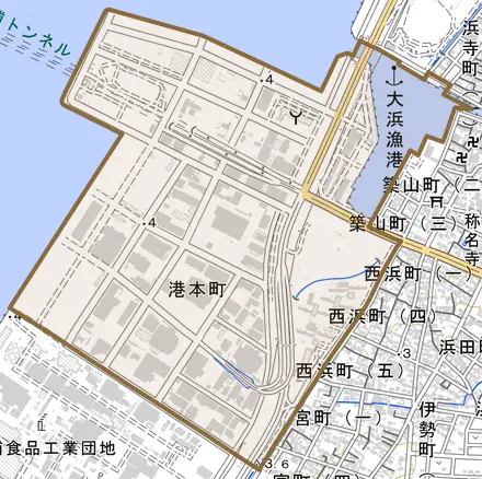 港本町とその周辺の地図。町の範囲を重ねている
