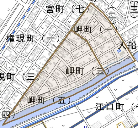 岬町とその周辺の地図。町の範囲を重ねている