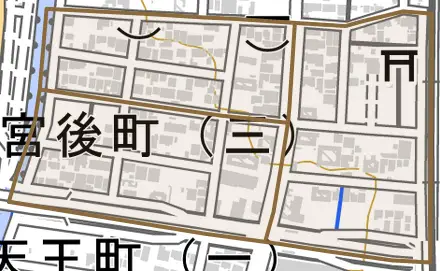 宮後町とその周辺の地図。町の範囲を重ねている