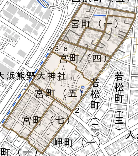 宮町とその周辺の地図。町の範囲を重ねている