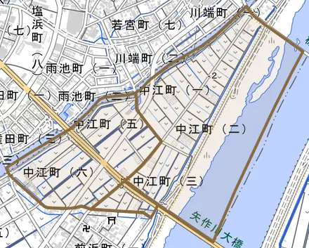 中江町とその周辺の地図。町の範囲を重ねている