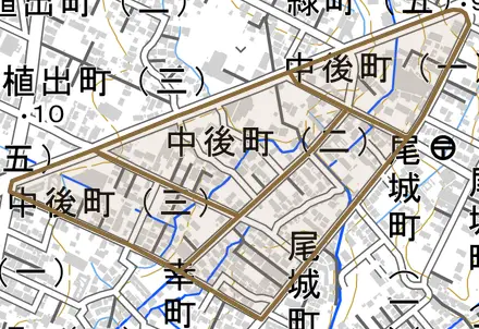 中後町とその周辺の地図。町の範囲を重ねている