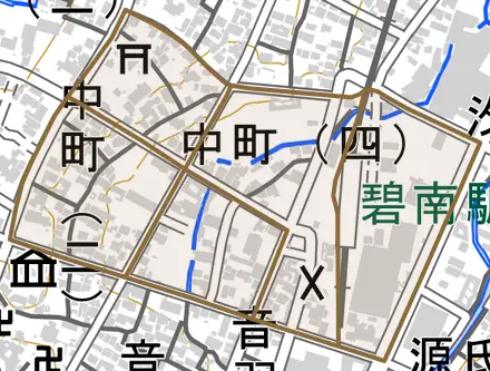 中町とその周辺の地図。町の範囲を重ねている