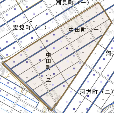 中田町とその周辺の地図。町の範囲を重ねている