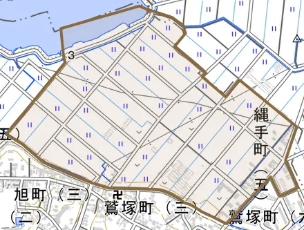 縄手町とその周辺の地図。町の範囲を重ねている