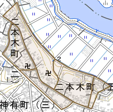 二本木町とその周辺の地図。町の範囲を重ねている