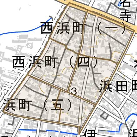 西浜町とその周辺の地図。町の範囲を重ねている