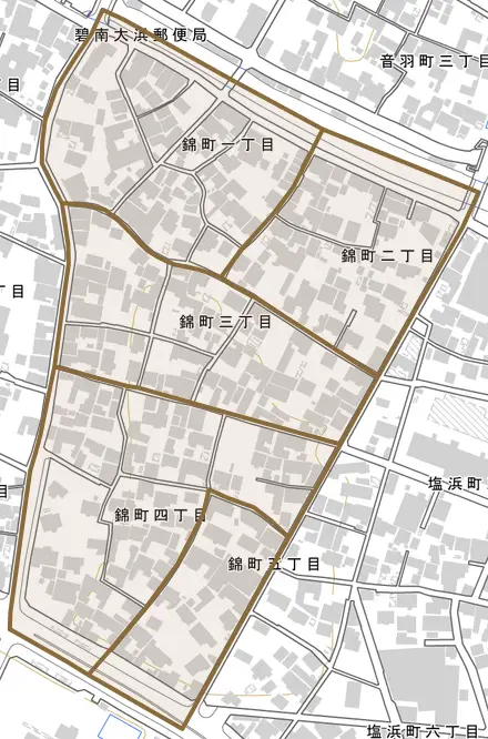 錦町とその周辺の地図。町の範囲を重ねている