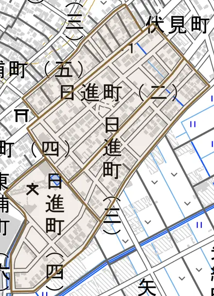 日進町とその周辺の地図。町の範囲を重ねている