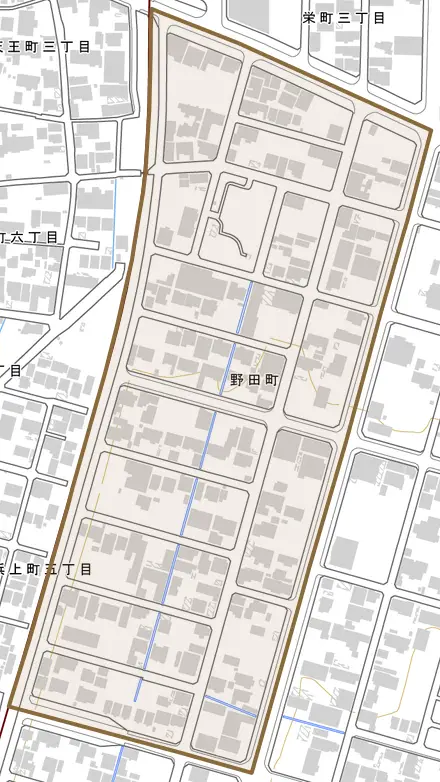 野田町とその周辺の地図。町の範囲を重ねている