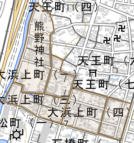 大浜上町とその周辺の地図。町の範囲を重ねている