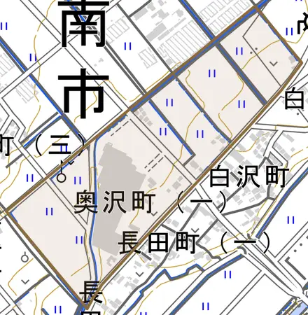 奥沢町とその周辺の地図。町の範囲を重ねている