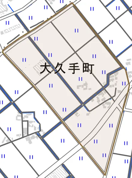 大久手町とその周辺の地図。町の範囲を重ねている