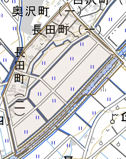 長田町とその周辺の地図。町の範囲を重ねている