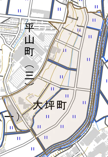 大坪町とその周辺の地図。町の範囲を重ねている