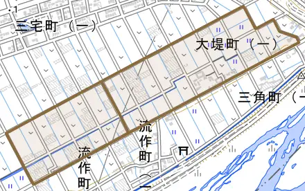 大堤町とその周辺の地図。町の範囲を重ねている
