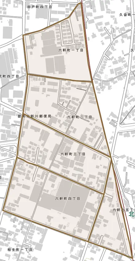六軒町とその周辺の地図。町の範囲を重ねている