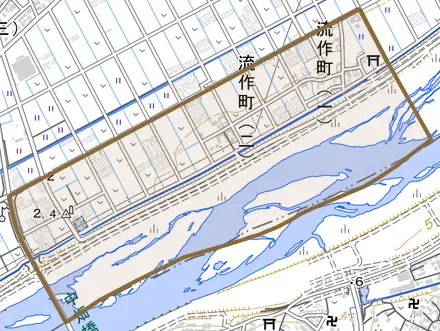 流作町とその周辺の地図。町の範囲を重ねている