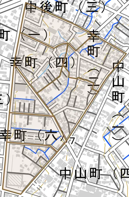 幸町とその周辺の地図。町の範囲を重ねている