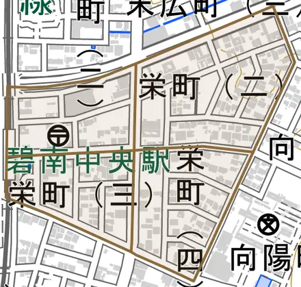栄町とその周辺の地図。町の範囲を重ねている