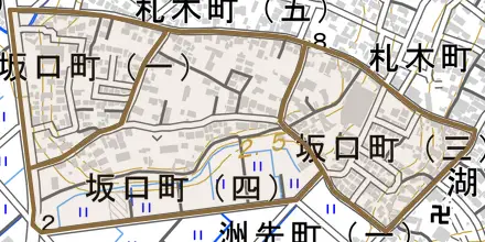 坂口町とその周辺の地図。町の範囲を重ねている