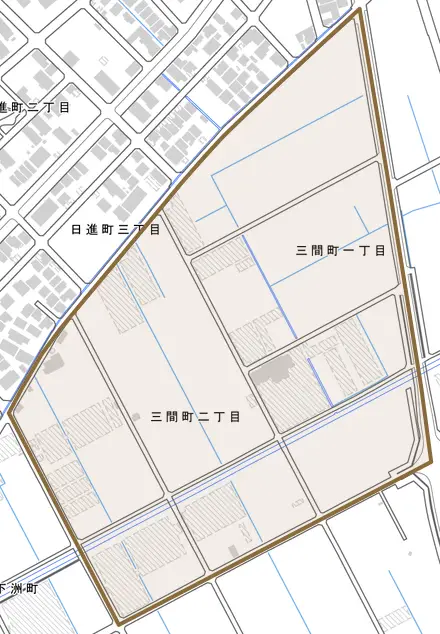 三間町とその周辺の地図。町の範囲を重ねている