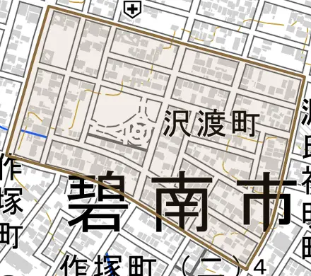 沢渡町とその周辺の地図。町の範囲を重ねている