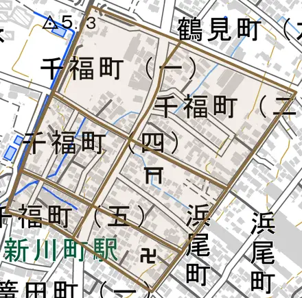 千福町とその周辺の地図。町の範囲を重ねている