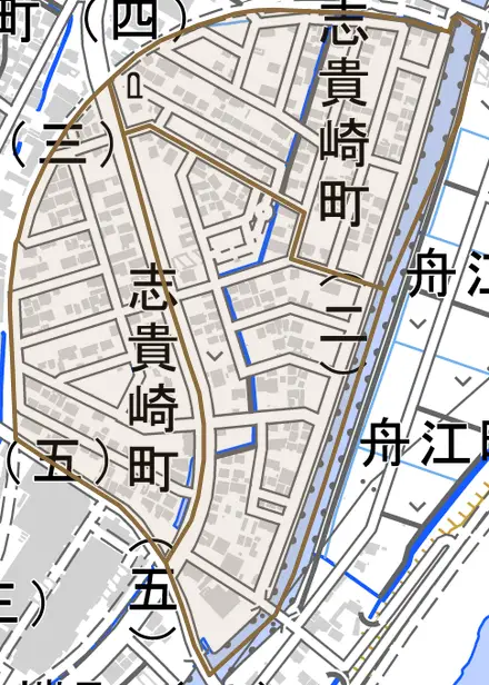 志貴崎町とその周辺の地図。町の範囲を重ねている