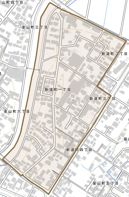 新道町とその周辺の地図。町の範囲を重ねている