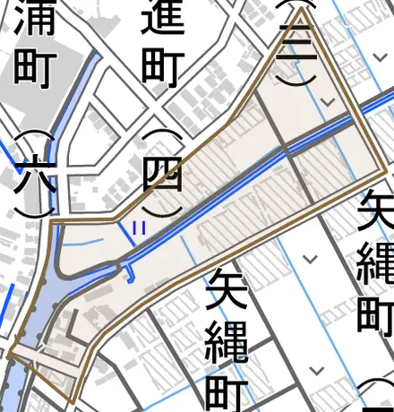 下洲町とその周辺の地図。町の範囲を重ねている