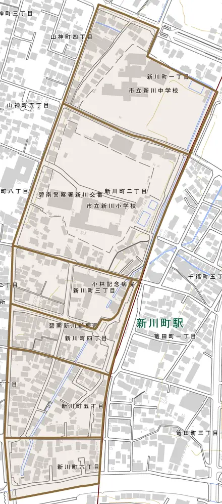 新川町とその周辺の地図。町の範囲を重ねている