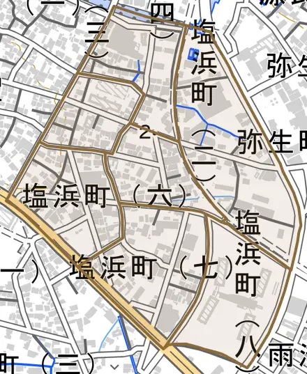 塩浜町とその周辺の地図。町の範囲を重ねている