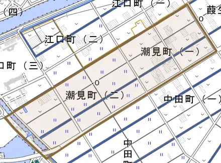 潮見町とその周辺の地図。町の範囲を重ねている